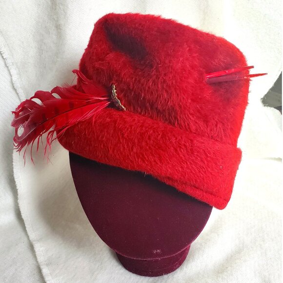 Vintage Small Red Hat with Feather Jewel Detail Asymmetrical Pillbox Fascinator - Picture 1 of 10